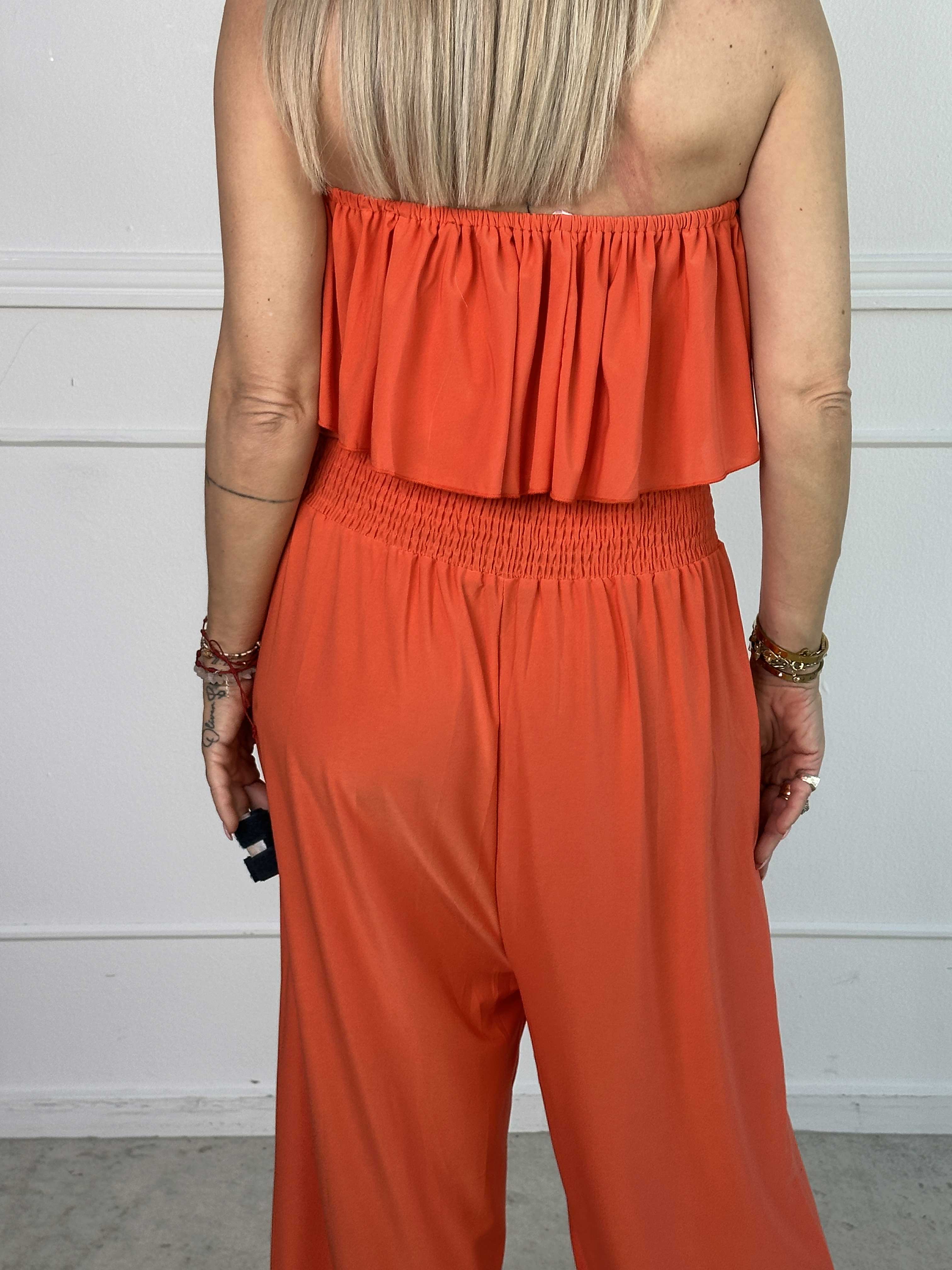 Pams Plain Frill Jumpsuit - Elastisk buksedragt med smock og flæse